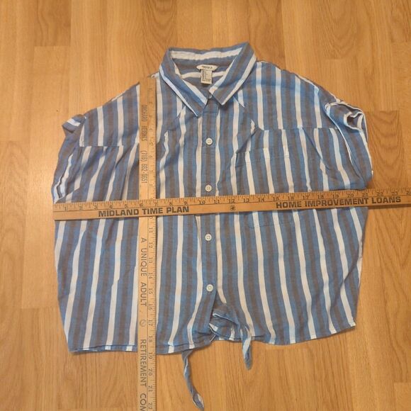 Forever 21 Button Front Shirt Womens Large Blue Stripe Tie Beach Coastal - Picture 2 of 5